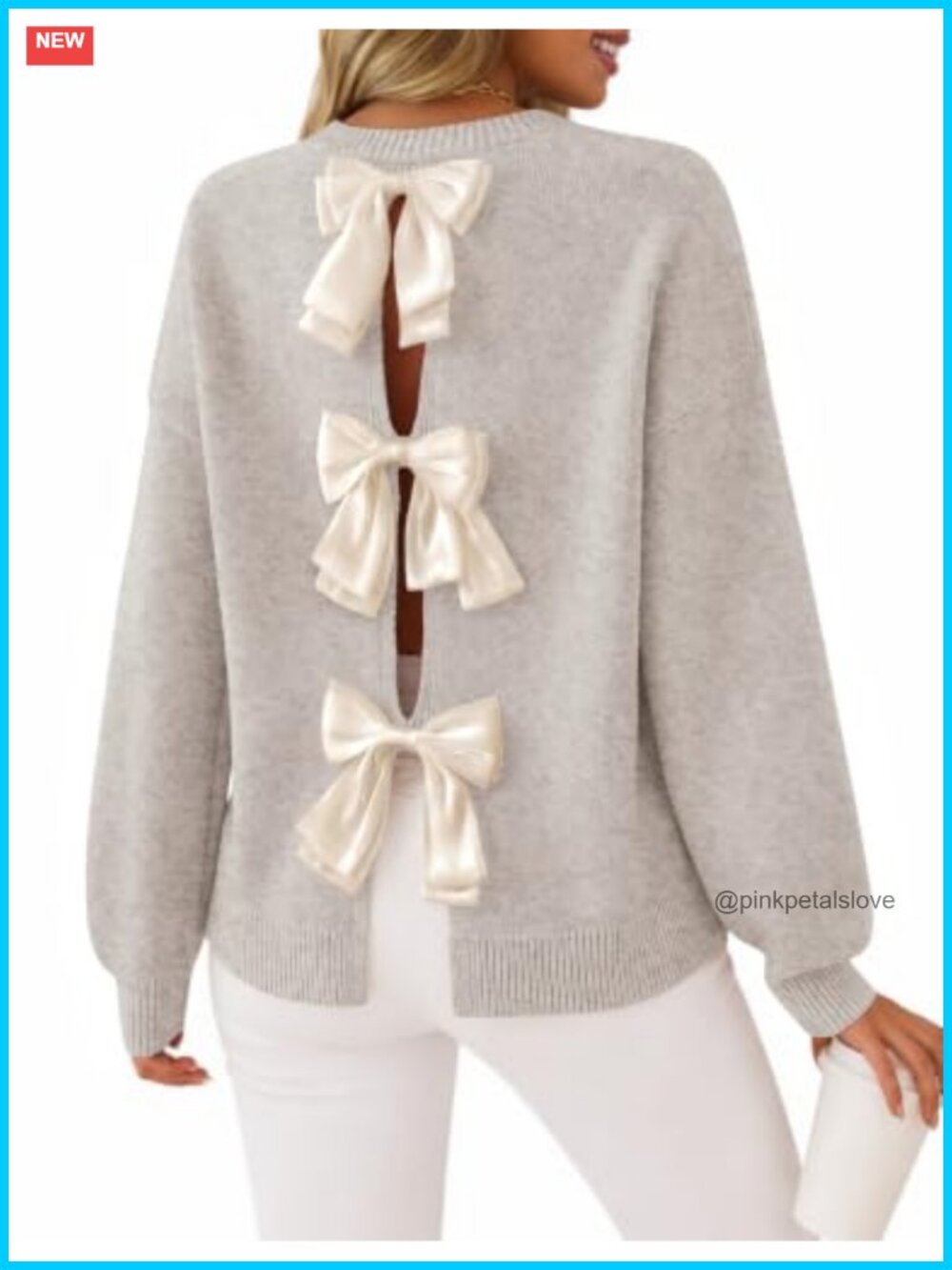 Oversized Bow Knot Sweater Open Back Pullover Long Sleeve Crew Neck